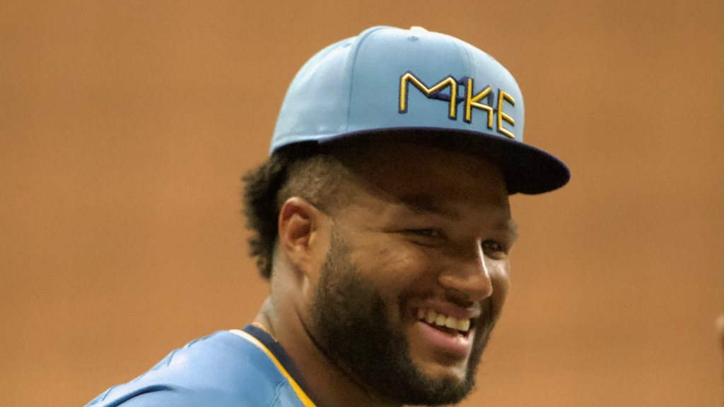 Milwaukee Brewers outfielder Jackson Chourio smiles during a 2025 game