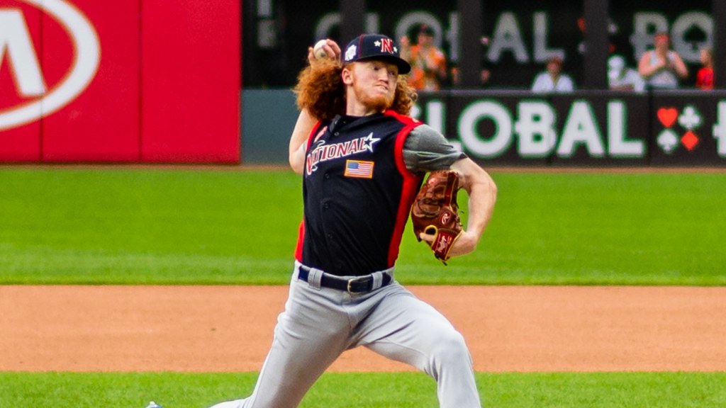 Dustin May pitches for the National League team at the 2019 All-Star Futures Game in Cleveland