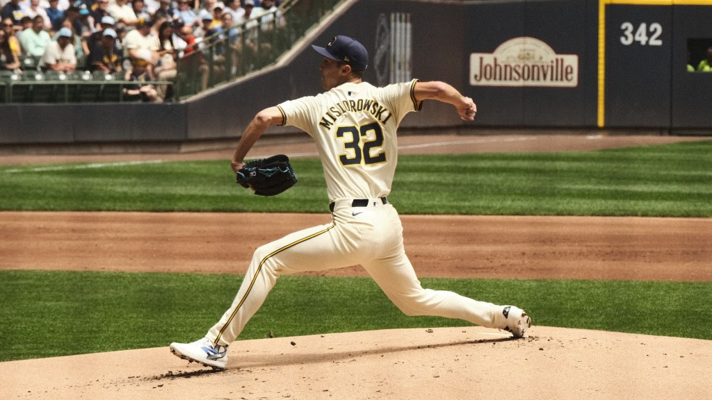 Brewers right-hander Jacob Misiorowski, No. 32, delivers a pitch during a 2025 home game in Milwaukee.